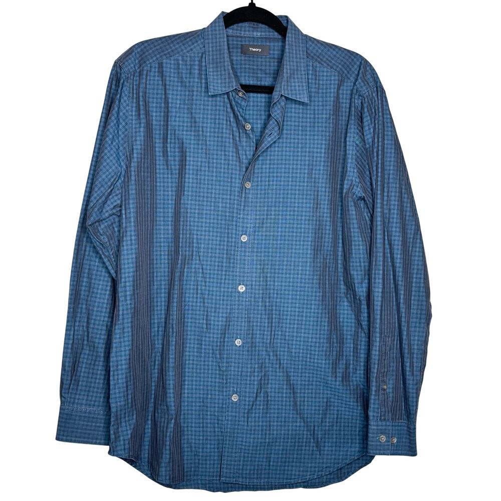 Theory Micro Plaid Poplin Button Up Shirt Small Blue Green Mens Size Large